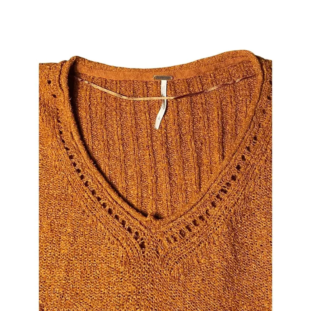 Free People Burnt Orange Wide V-neck Open Knit Detailing Sweater -L